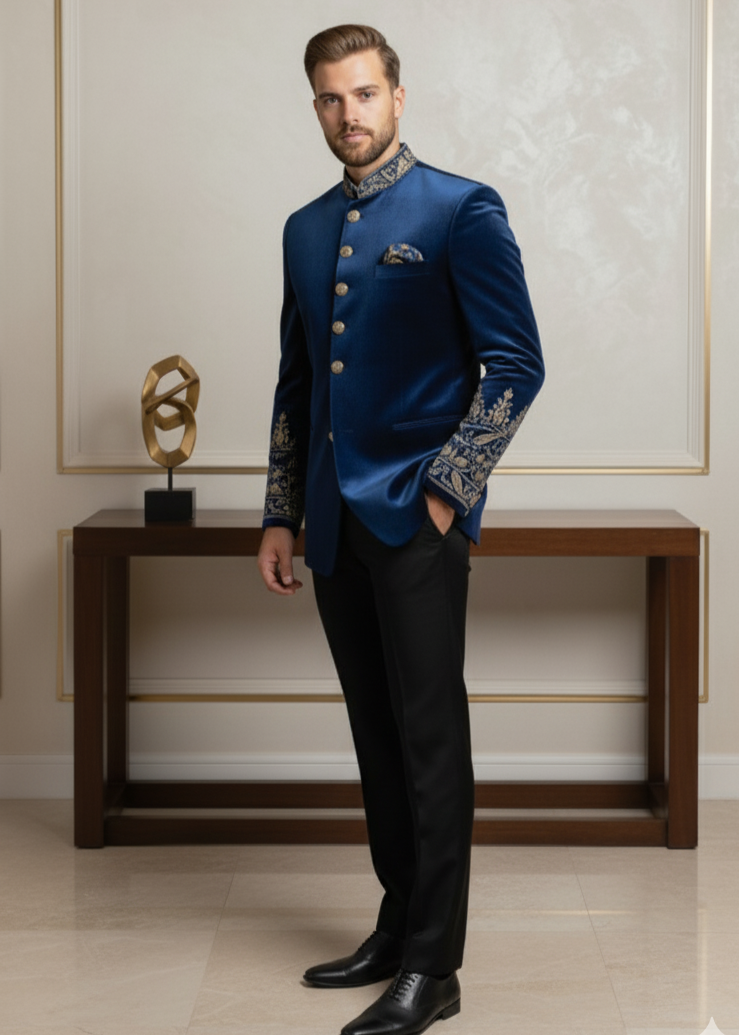 Hand Embroidered Teal Blue Velvet Bandhgala