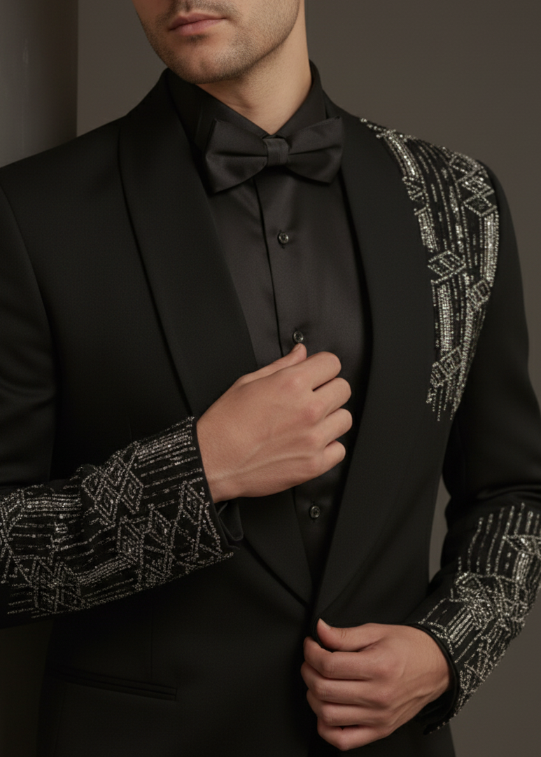 Slim Black Wedding Suit with Geometrical Cutdana Embroidery