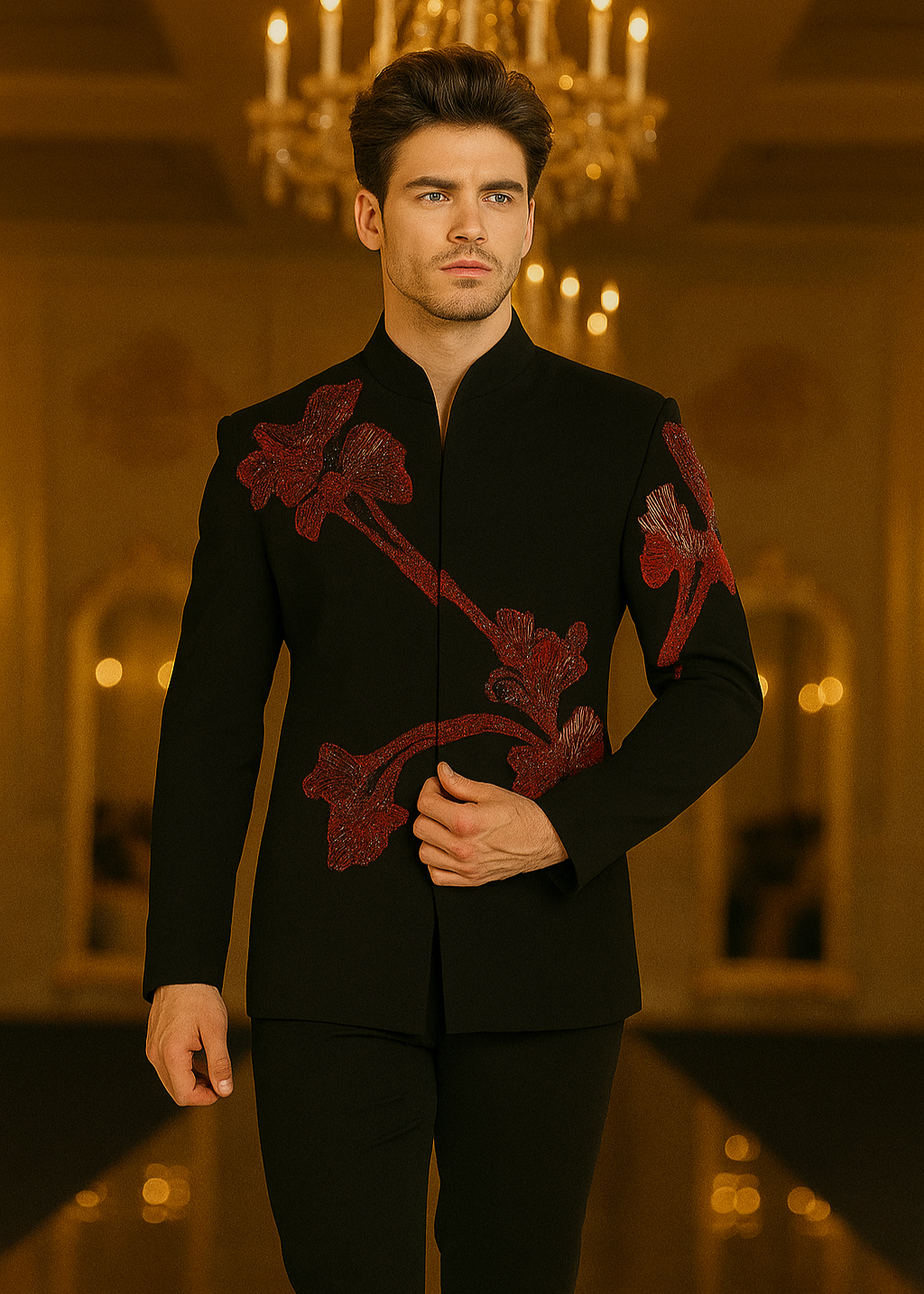 Black and Red Embroidered Bandhgala