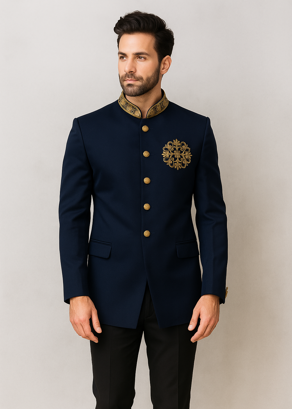 Navy Blue Jodhpuri with Gold Embroidery