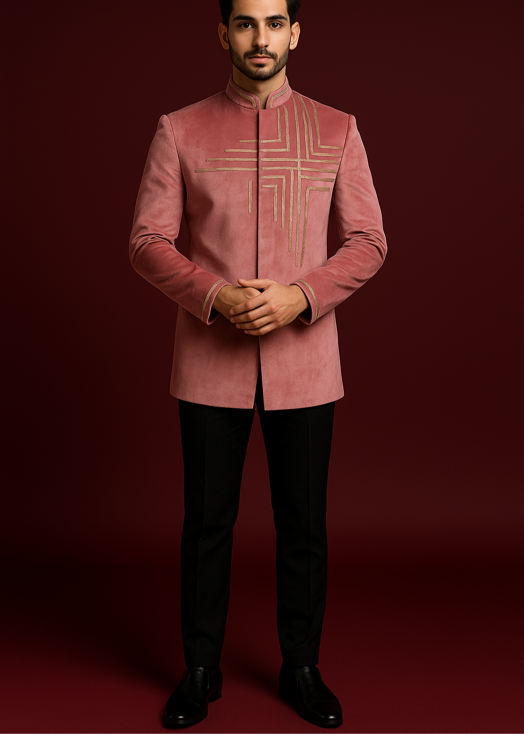 Pink Velvet Bandhgala with Geometric Embroidery in Gold