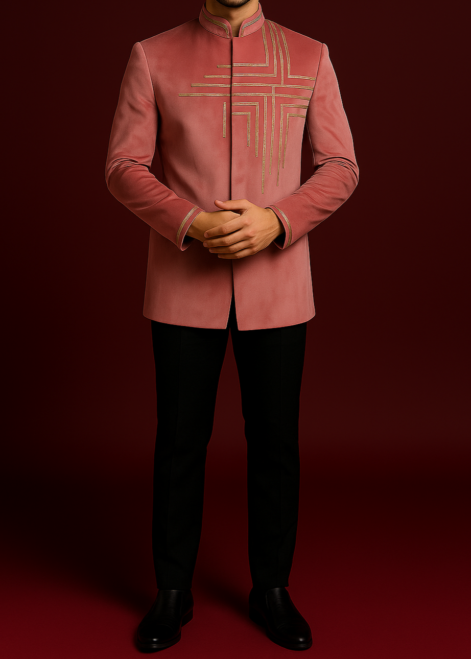 Pink Velvet Bandhgala with Geometric Embroidery in Gold