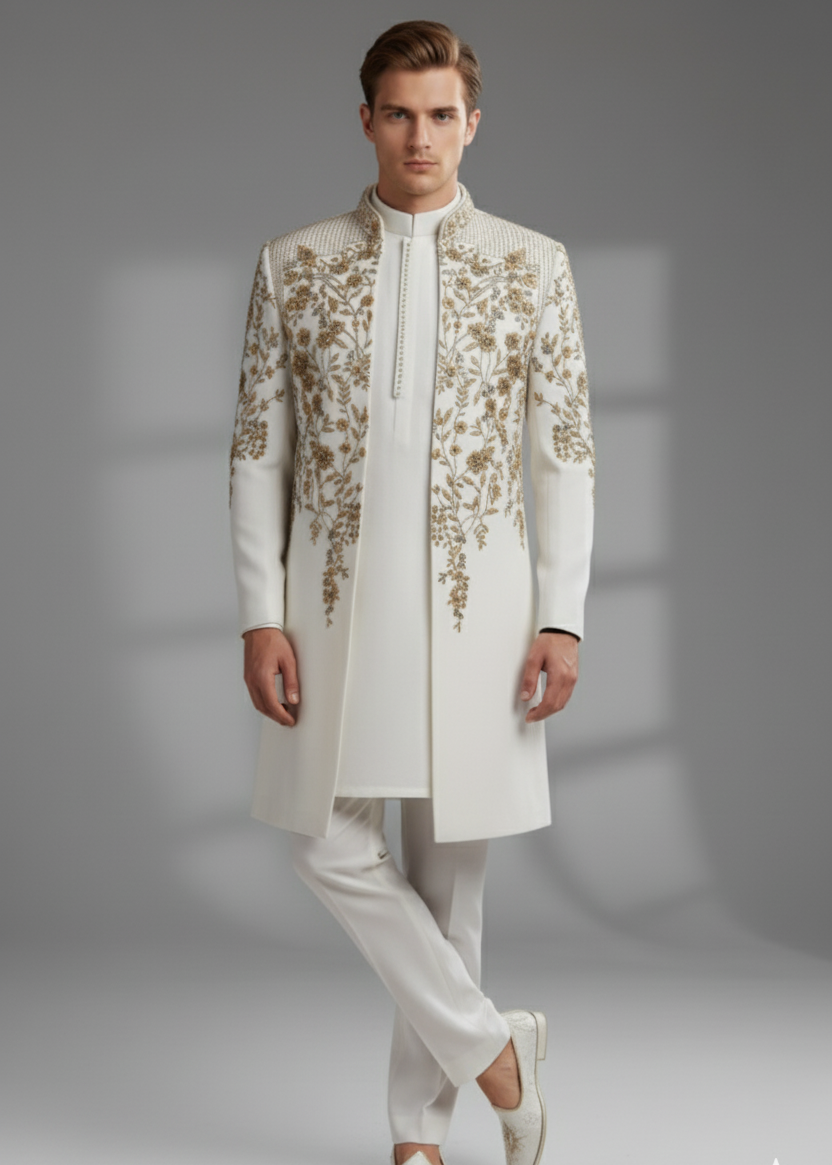White Indo Western Suit with Gold Zardosi Floral Embroidery
