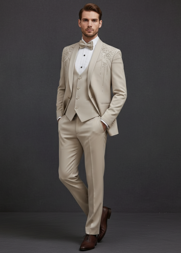 Wedding Beige Embroidered Tuxedo