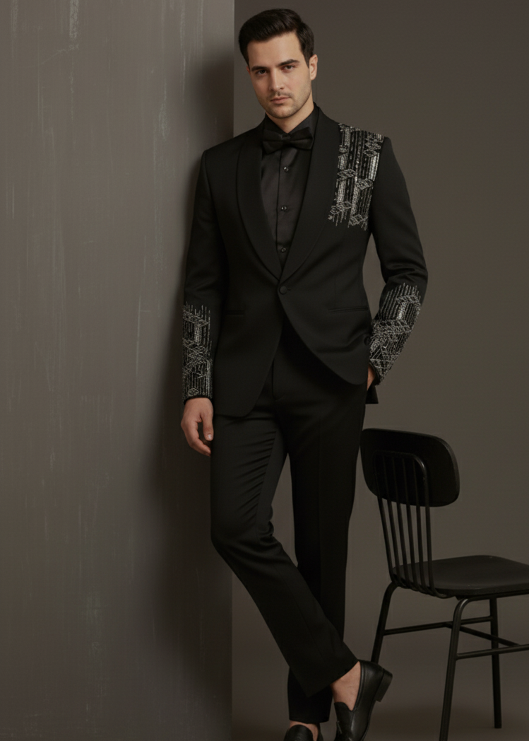 Slim Black Wedding Suit with Geometrical Cutdana Embroidery