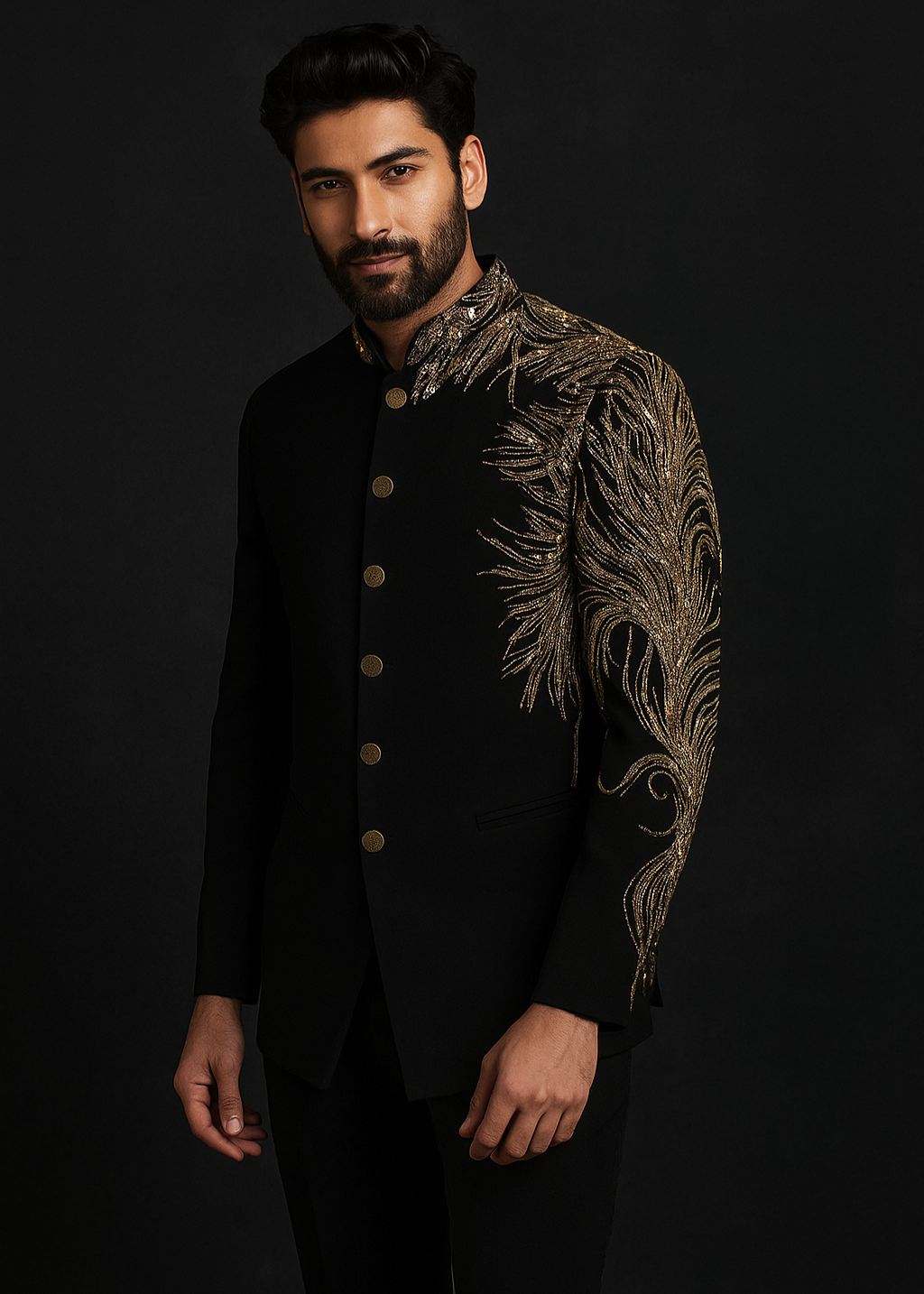 Black Bandhgala With Gold Cutdana Embroidery