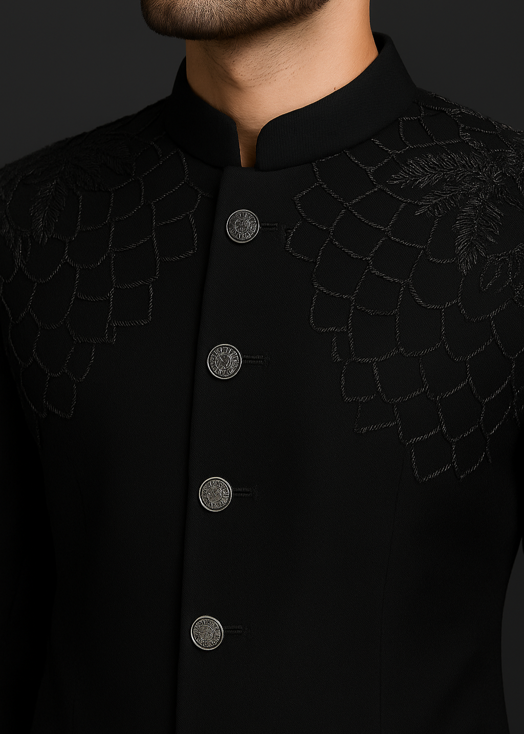 Black Bandhgala Embroidered Suit