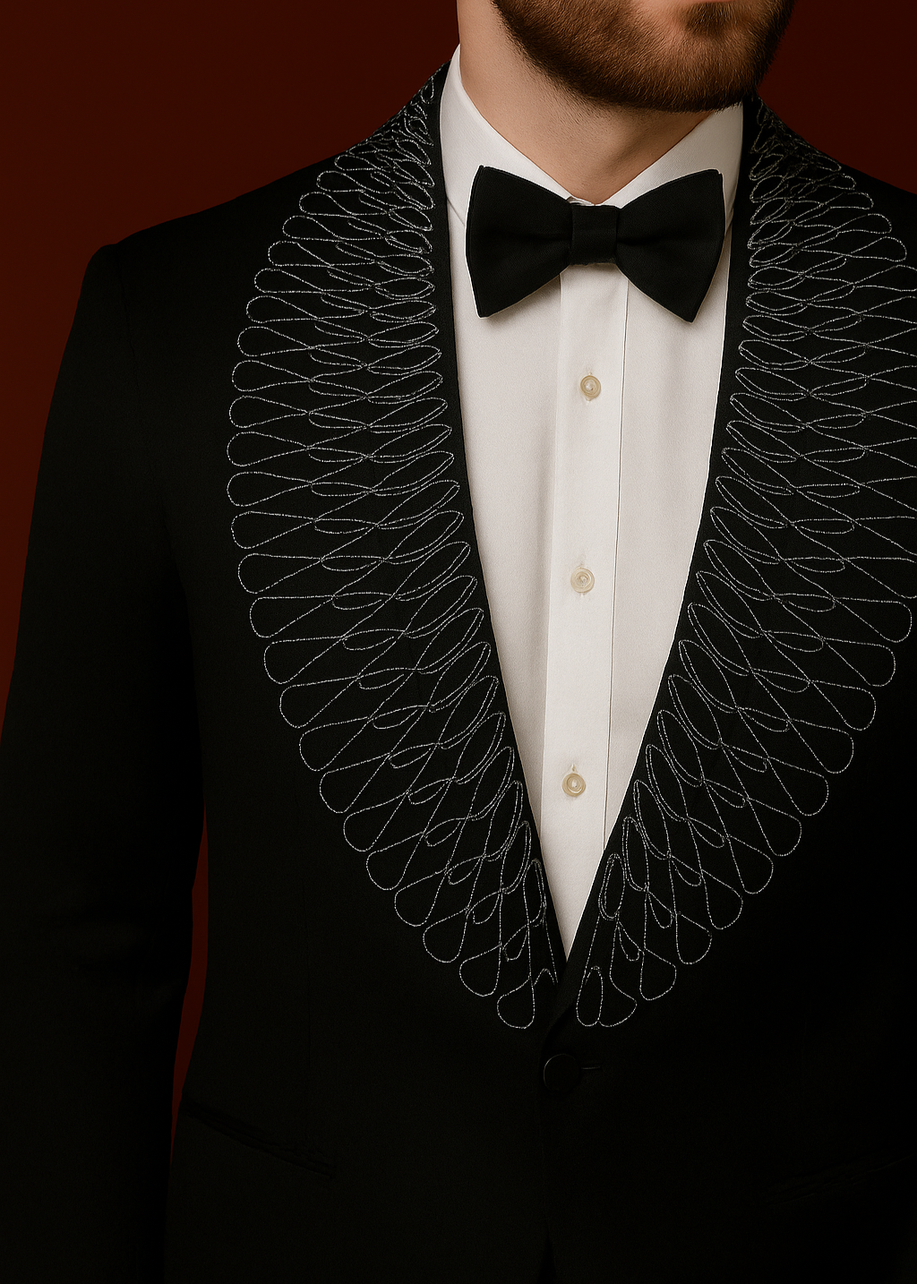 Black Embellished Corded Tuxedo Suit