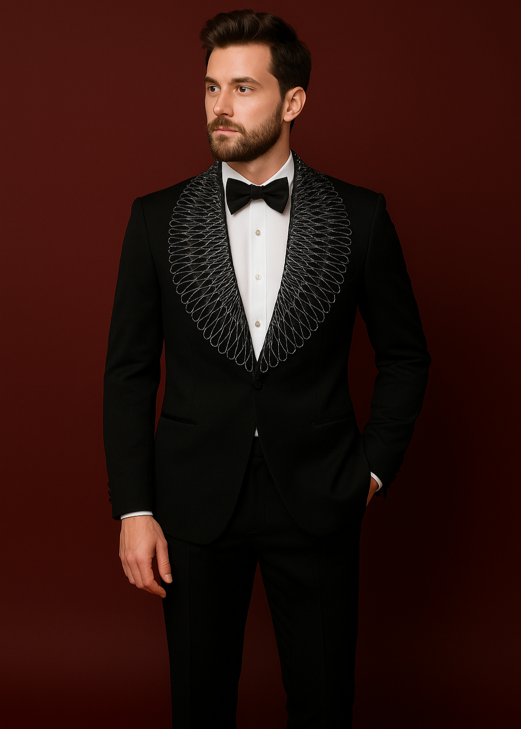 Black Embellished Corded Tuxedo Suit