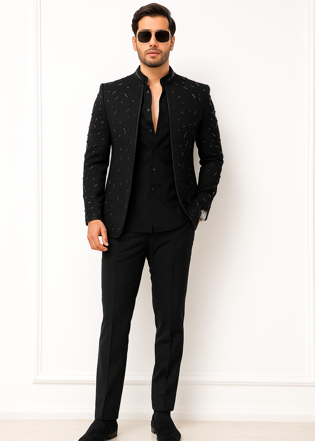 Black Embellished Indo Western Suit with Cutdana Stones