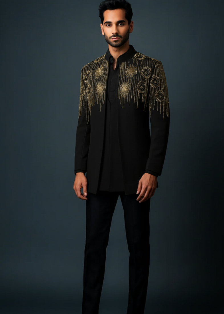Black Hand Embroidered Indo Western Achkan Suit
