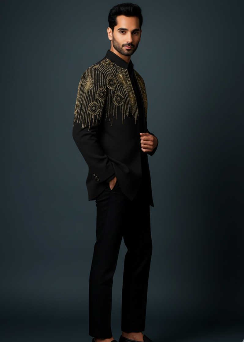 Black Hand Embroidered Indo Western Achkan Suit