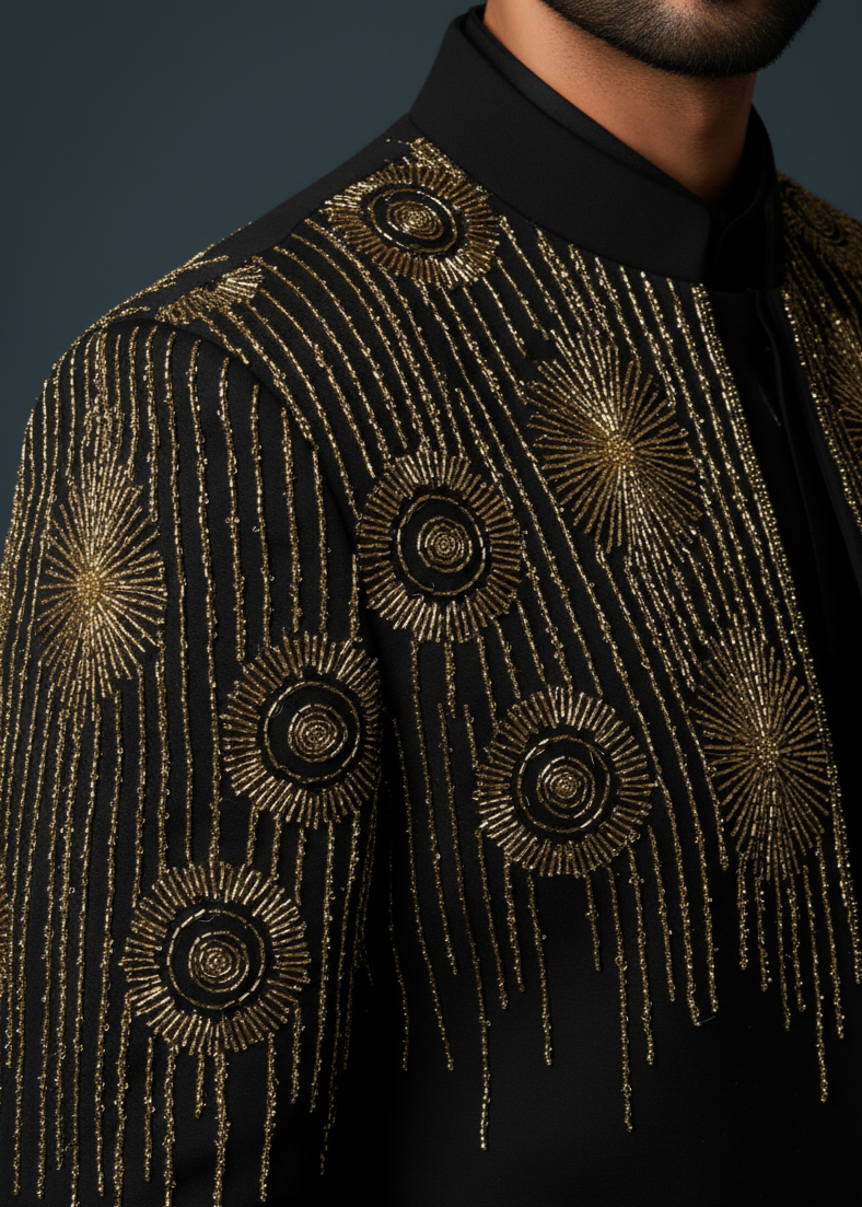 Black Hand Embroidered Indo Western Achkan Suit