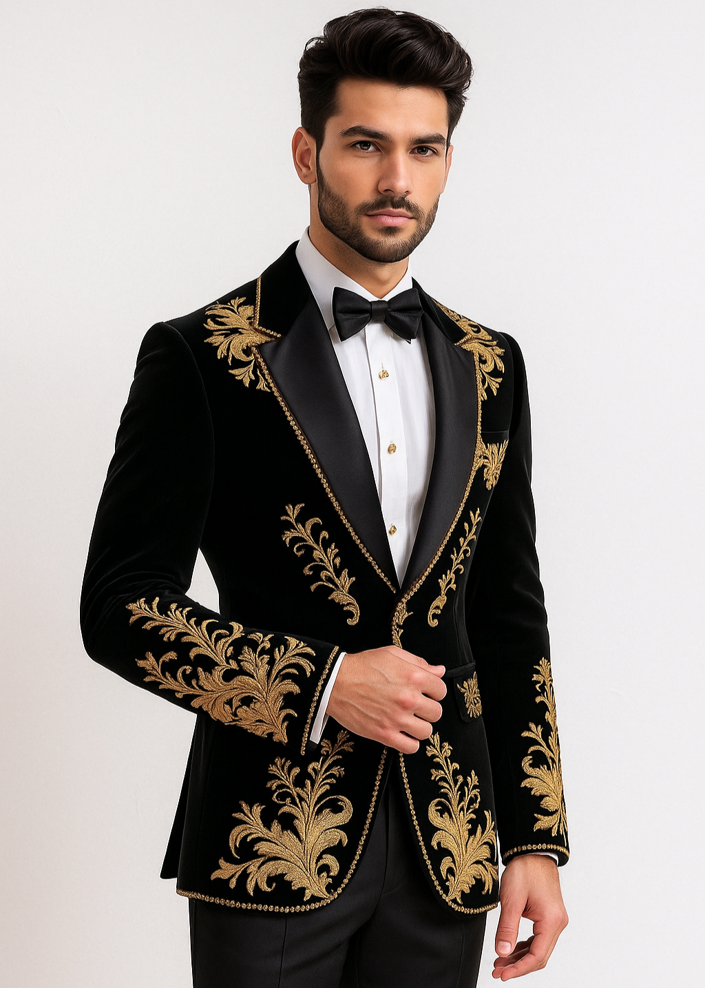 Black Hand Embroidered Tuxedo In Gold Zardozi