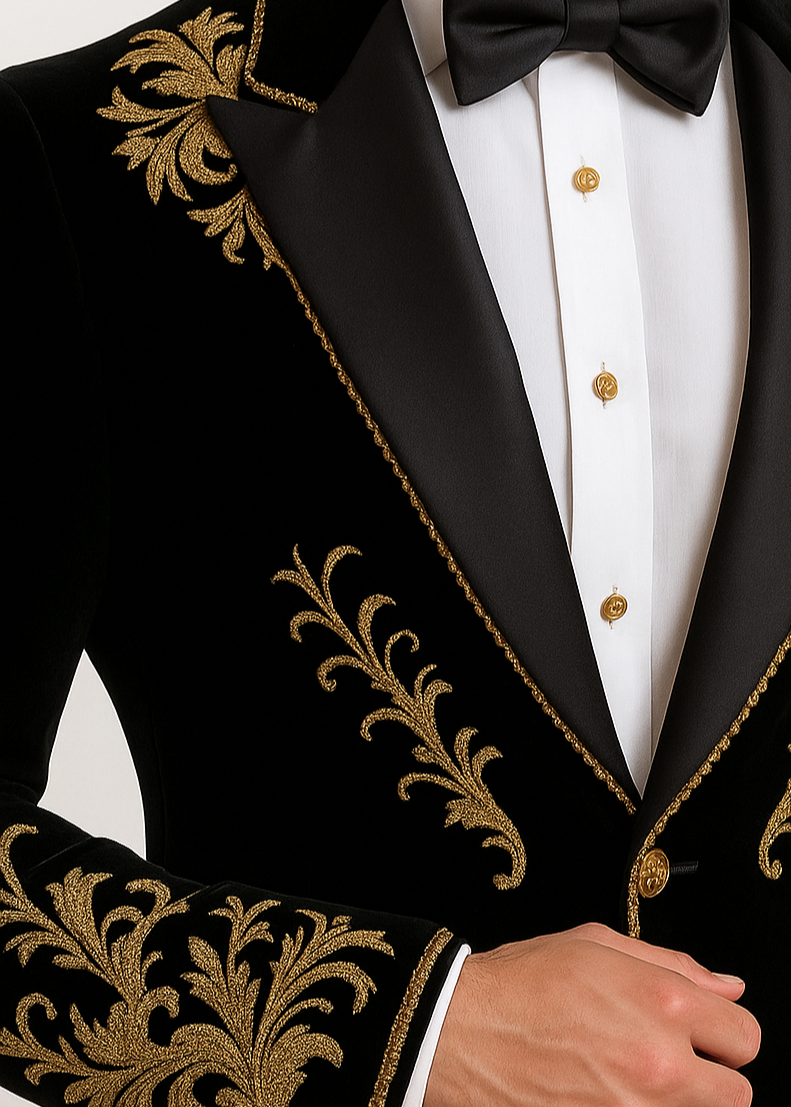 Black Hand Embroidered Tuxedo In Gold Zardozi