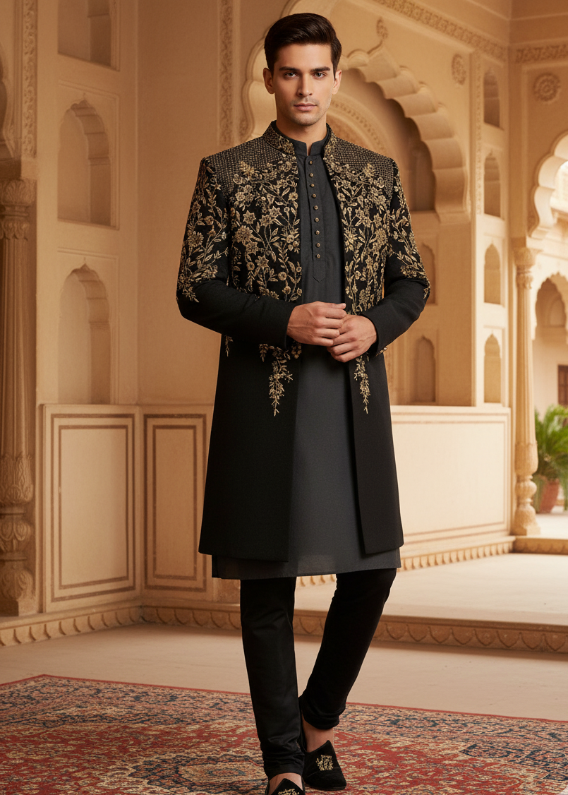 Black Indo Western Achkan Set With Gold Zardozi Embroidery