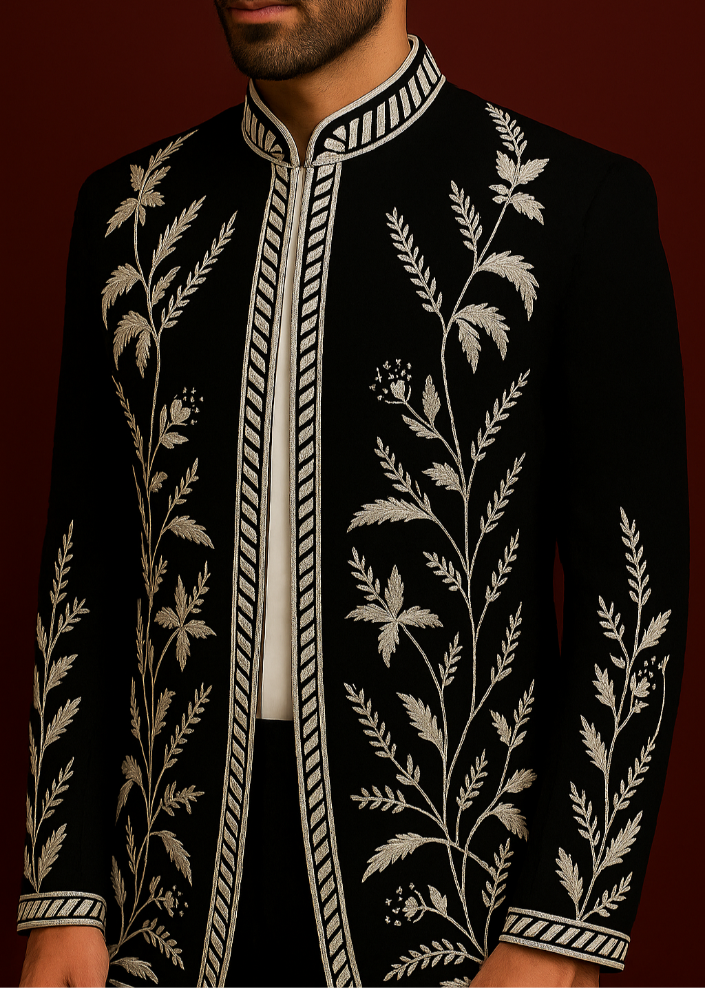 Black Leaf Embellished Indo Western Suit