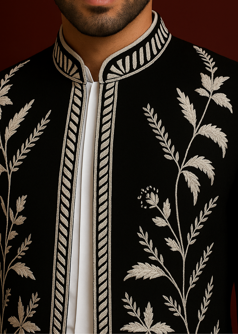 Black Leaf Embellished Indo Western Suit