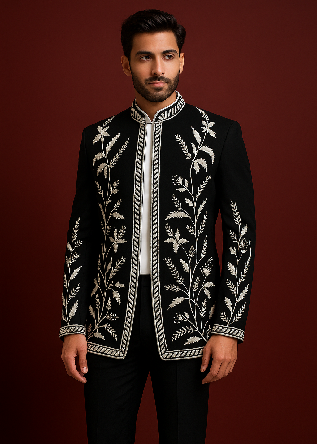 Black Leaf Embellished Indo Western Suit