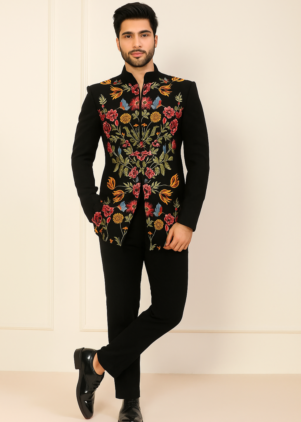 Black Multi Color Floral Embroidered Bandhgala Suit