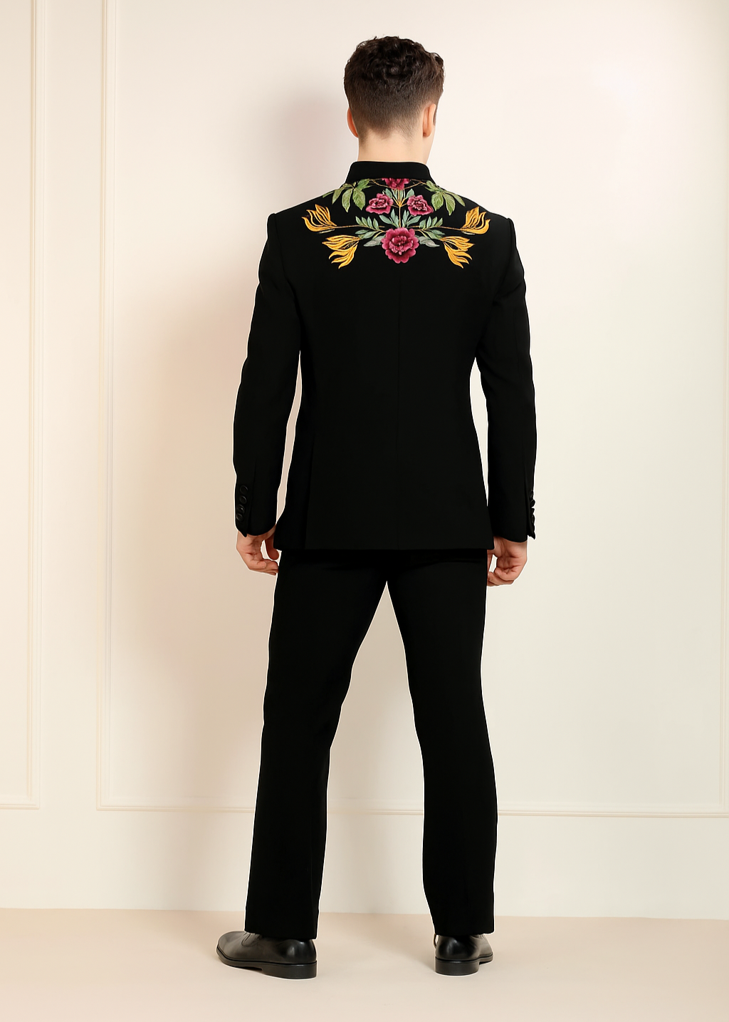 Black Multi Color Floral Embroidered Bandhgala Suit