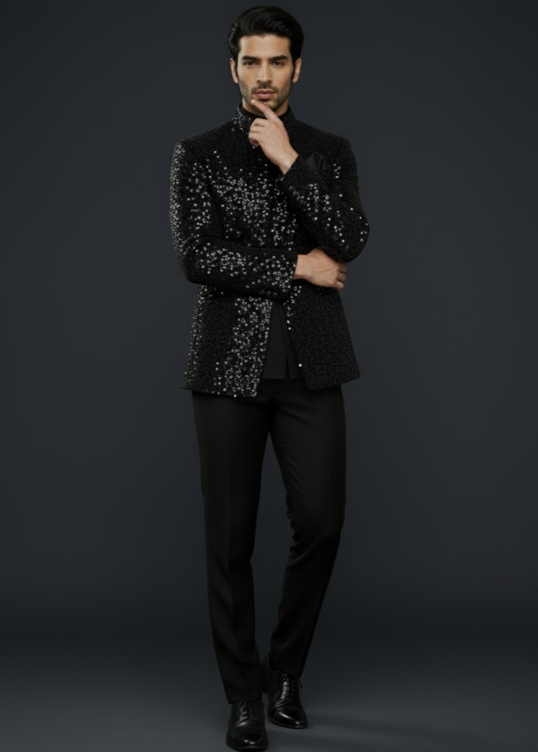 Black Slim Fit Sequin Indo Western Suit