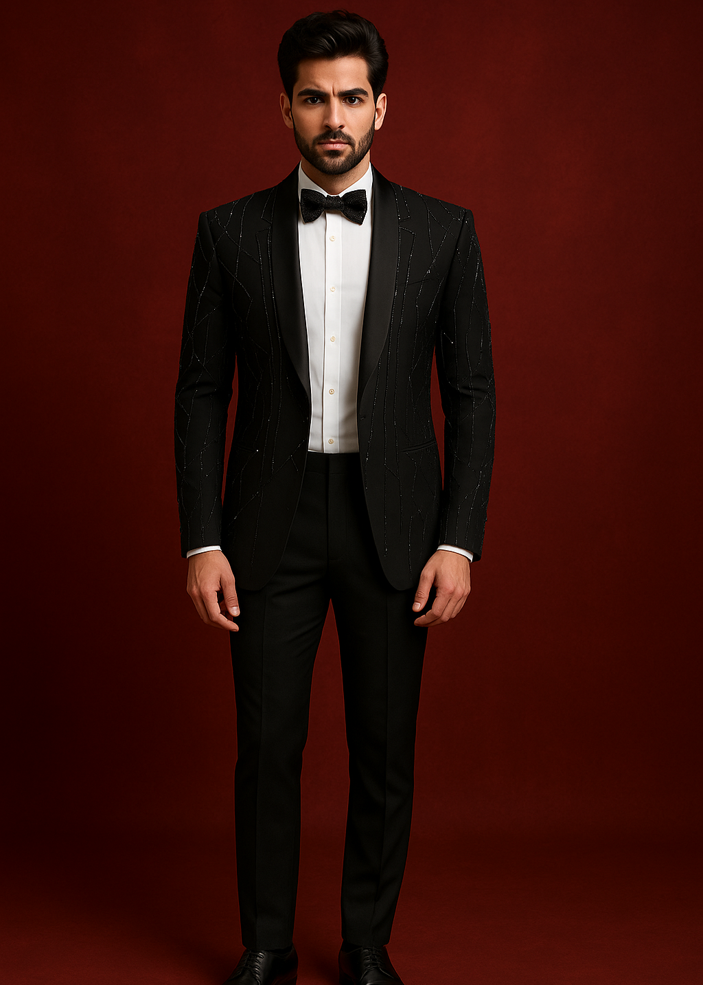Slim Fit Black Shawl Lapel Embellished Tuxedo