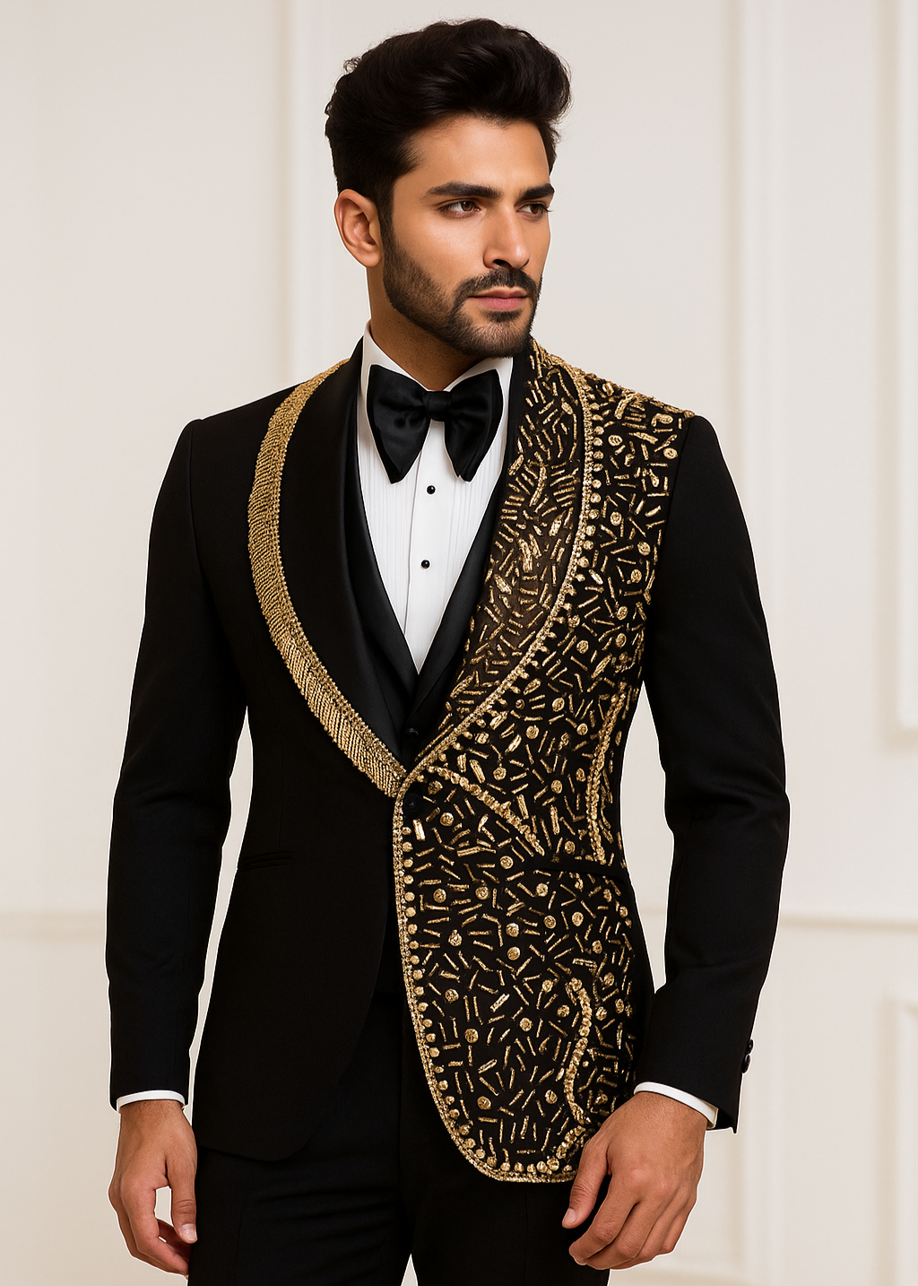Black Shawl Lapel Gold Embroidered Tuxedo