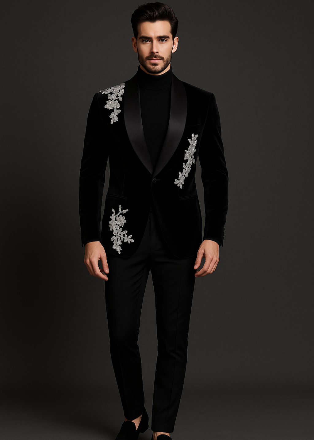 Black Silver Embroidered Tuxedo Suit