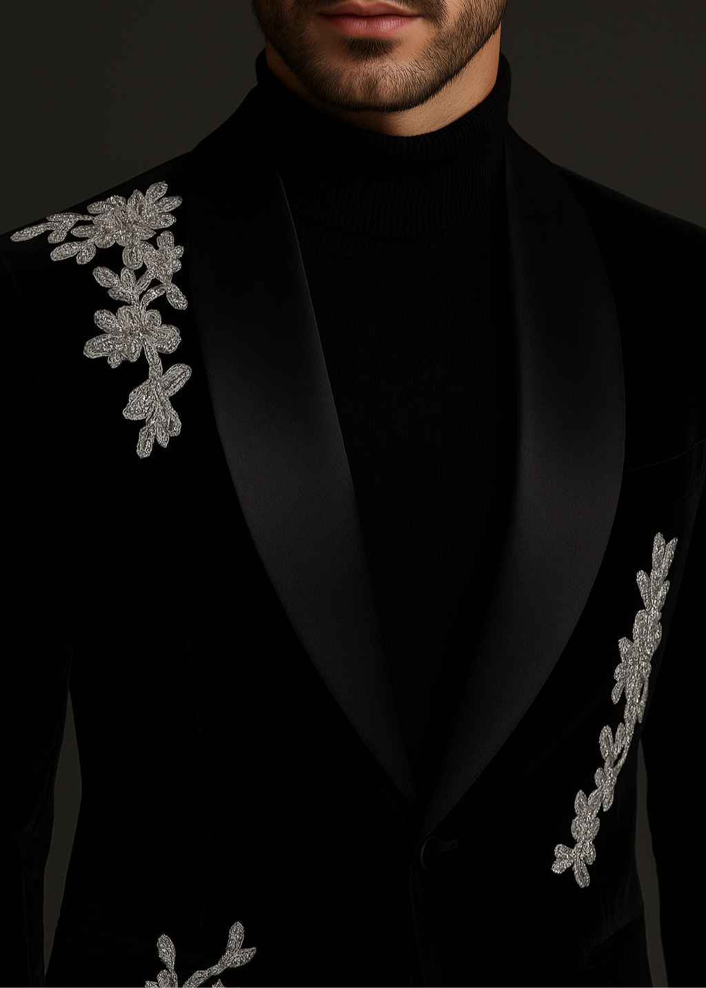 Black Silver Embroidered Tuxedo Suit