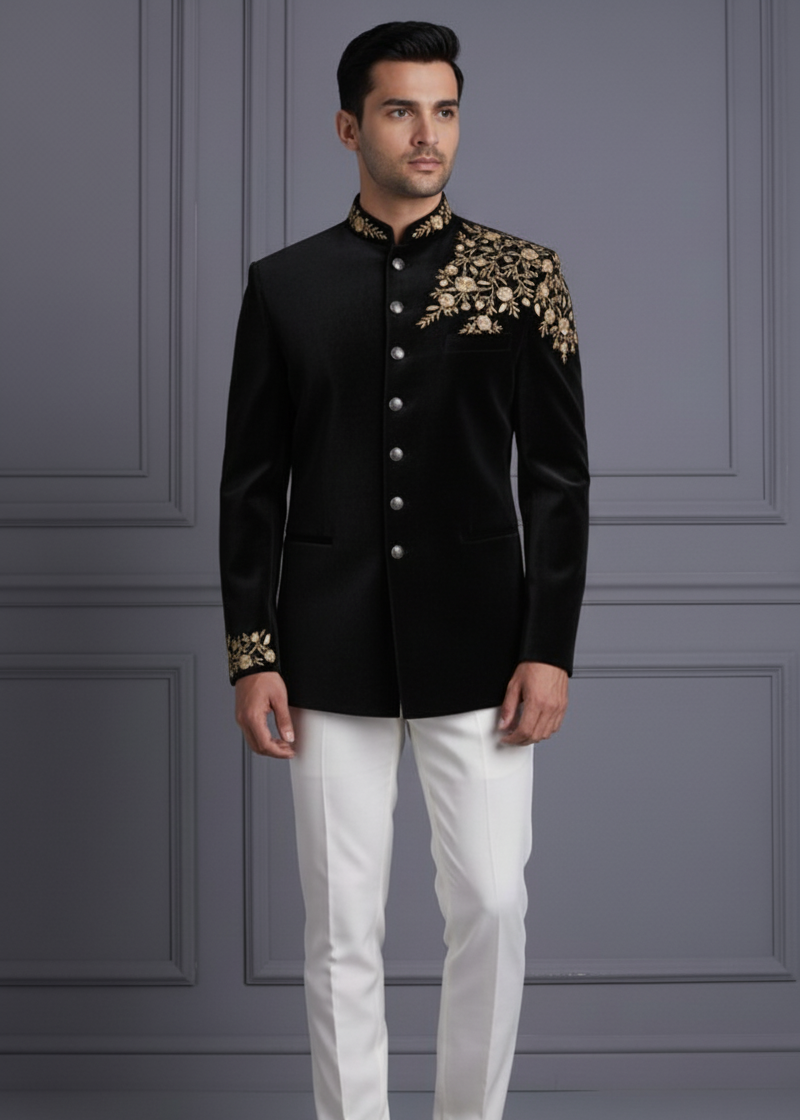 Black Velvet Floral Embroidered Bandhgala in Zari Gold