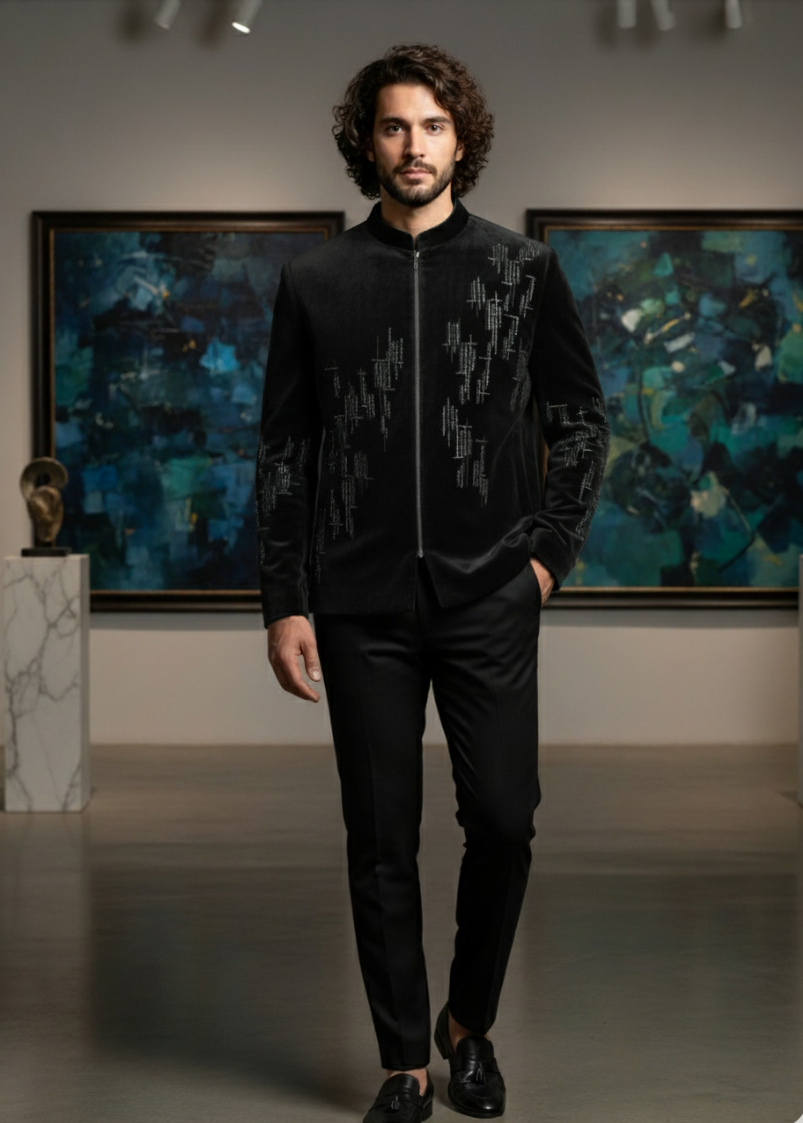 Black Velvet Geometrical Embroidered Bandhgala Suit