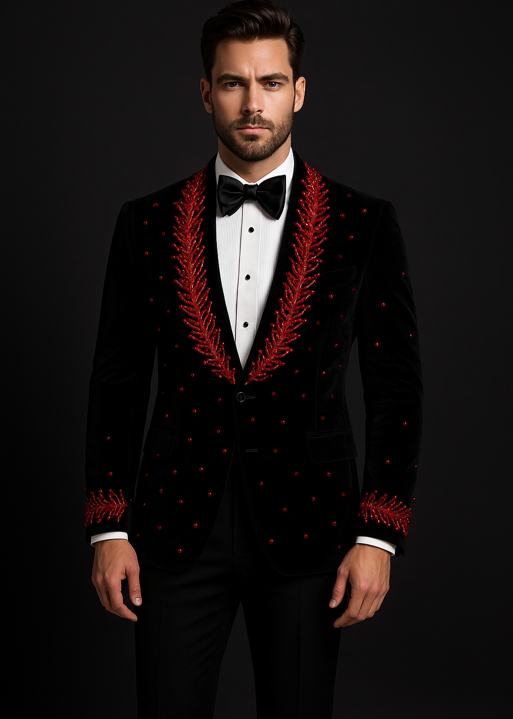 Black Velvet Red Embroidered Tuxedo