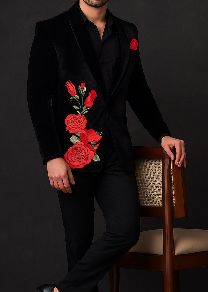 Black Velvet Rose Embroidered Blazer Suit