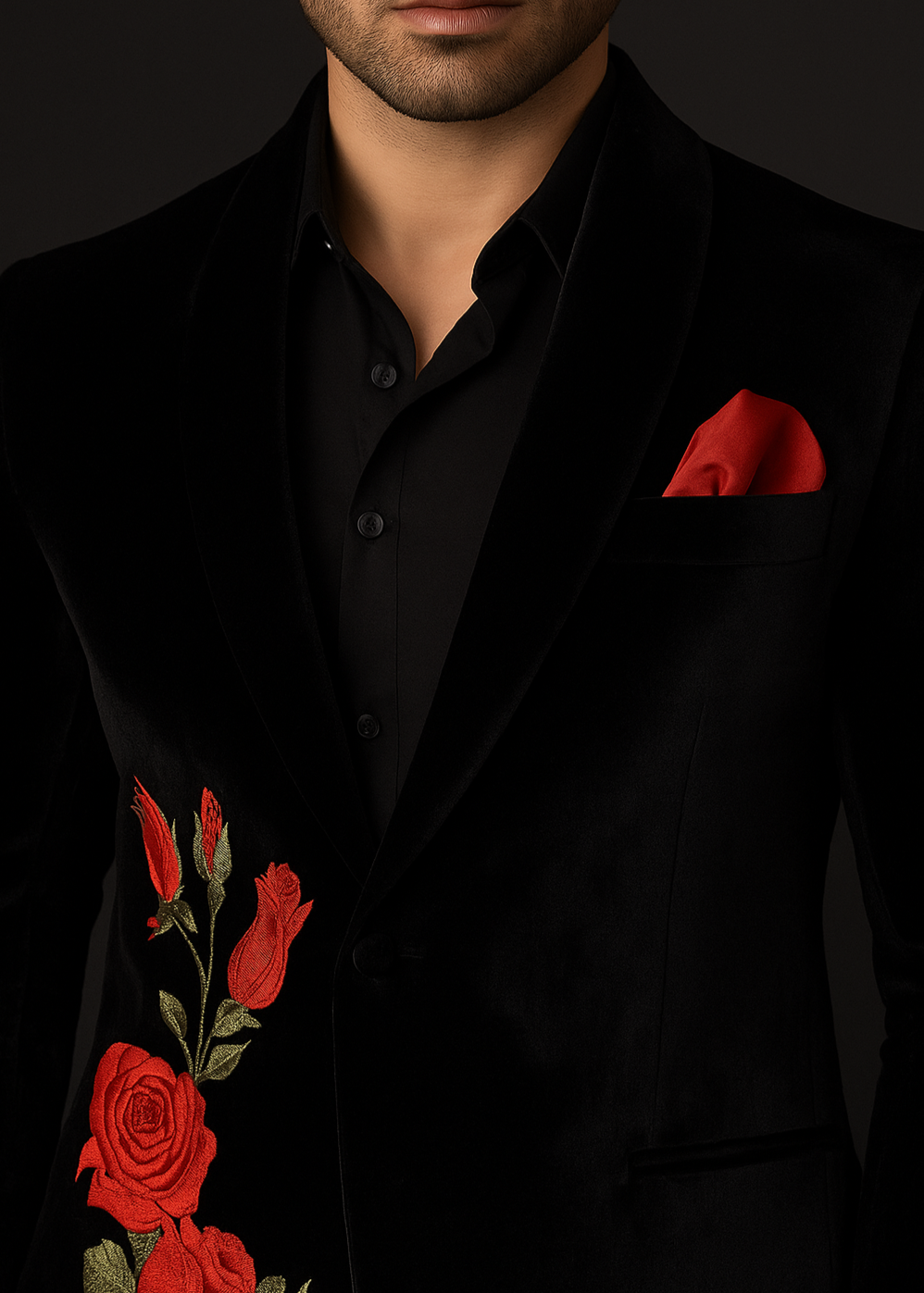 Black Velvet Rose Embroidered Blazer Suit