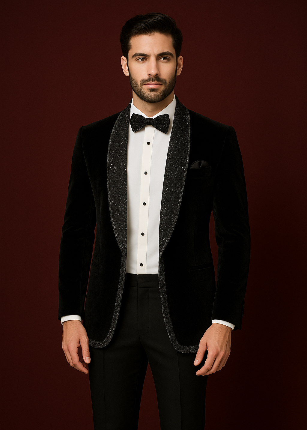 Black Velvet Shawl Lapel Tuxedo with Embroidery