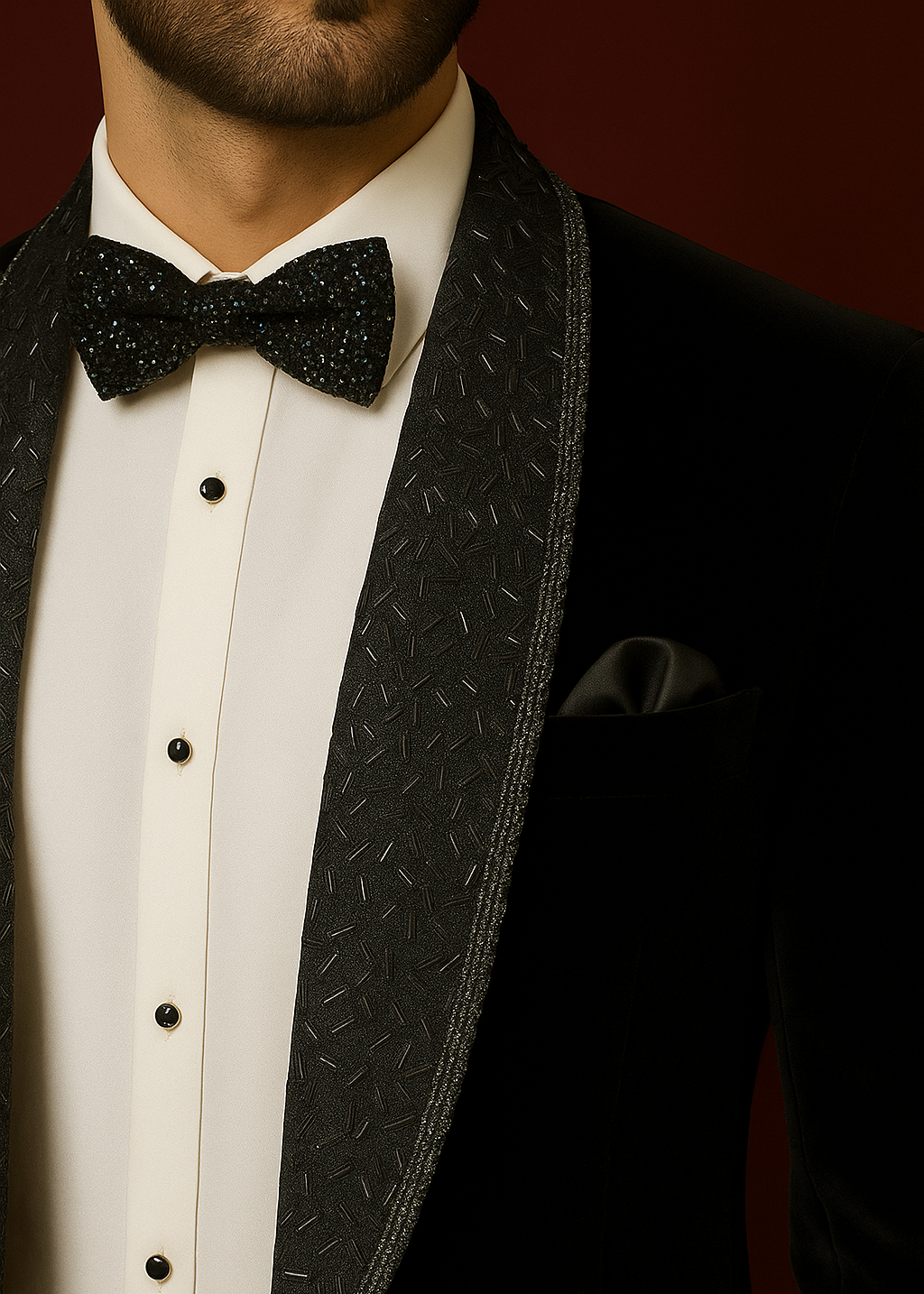 Black Velvet Shawl Lapel Tuxedo with Embroidery