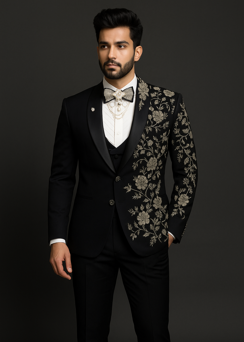 Black Zari Embellished Tuxedo Suit for Wedding