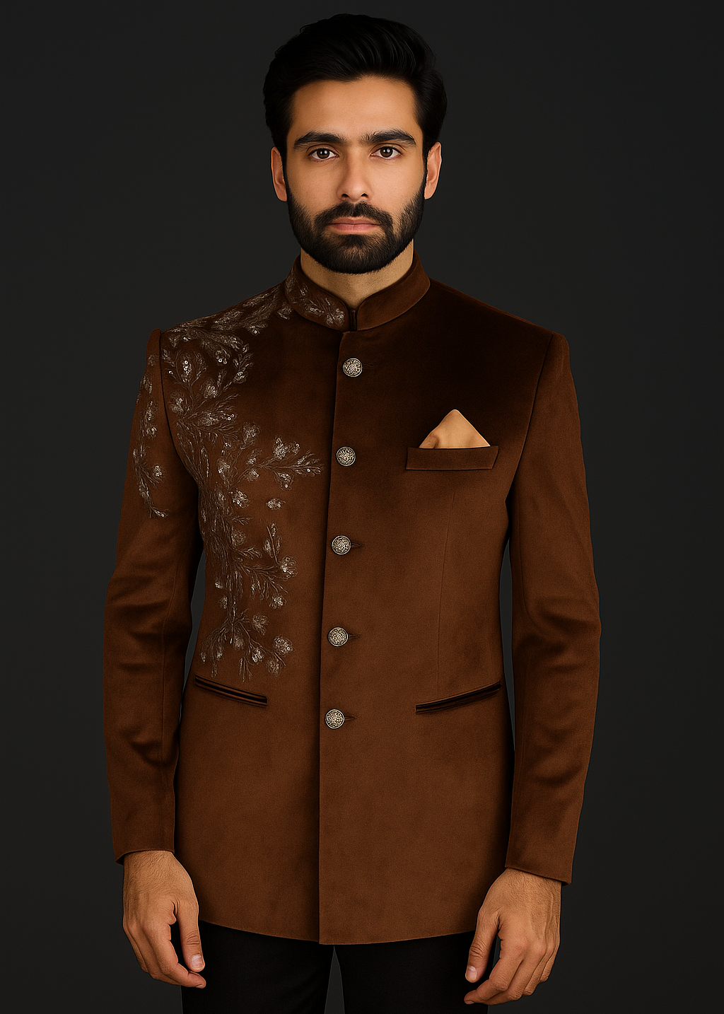 Brown Velvet Embroidered Jodhpuri Suit