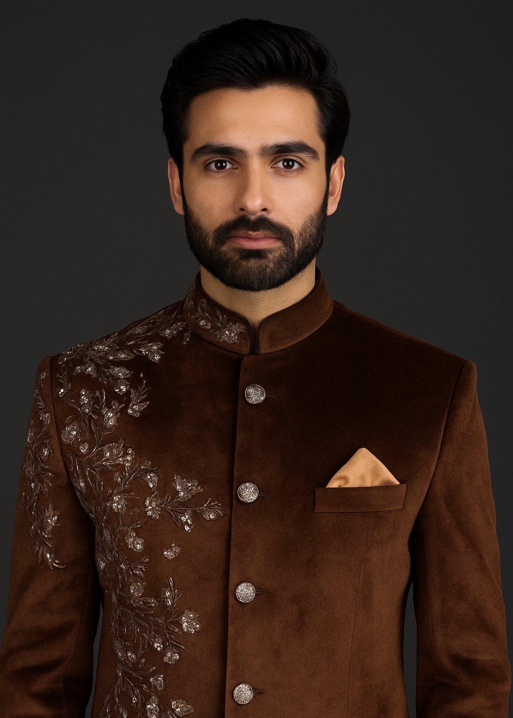 Brown Velvet Embroidered Jodhpuri Suit
