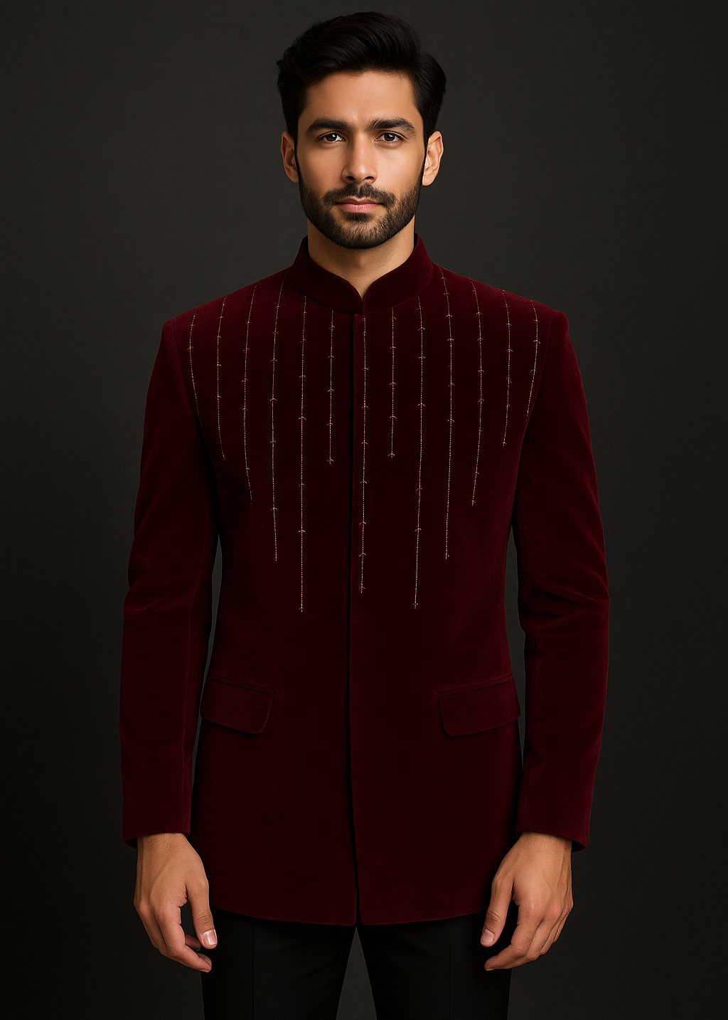 Burgundy Velvet Embroidered Bandhgala in Gold