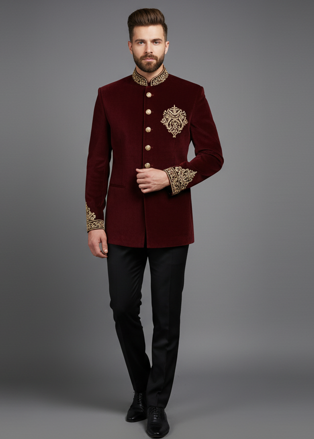 Burgundy Velvet Embroidered Jodhpuri Suit