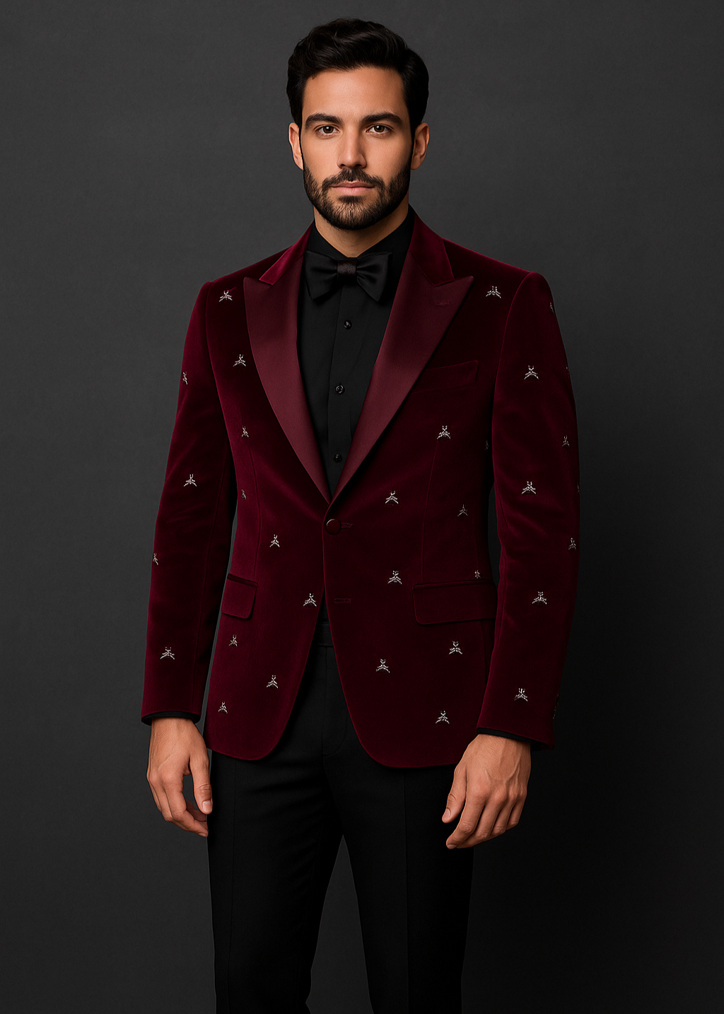 Man wearing a burgundy velvet blazer with star patterns on a black background