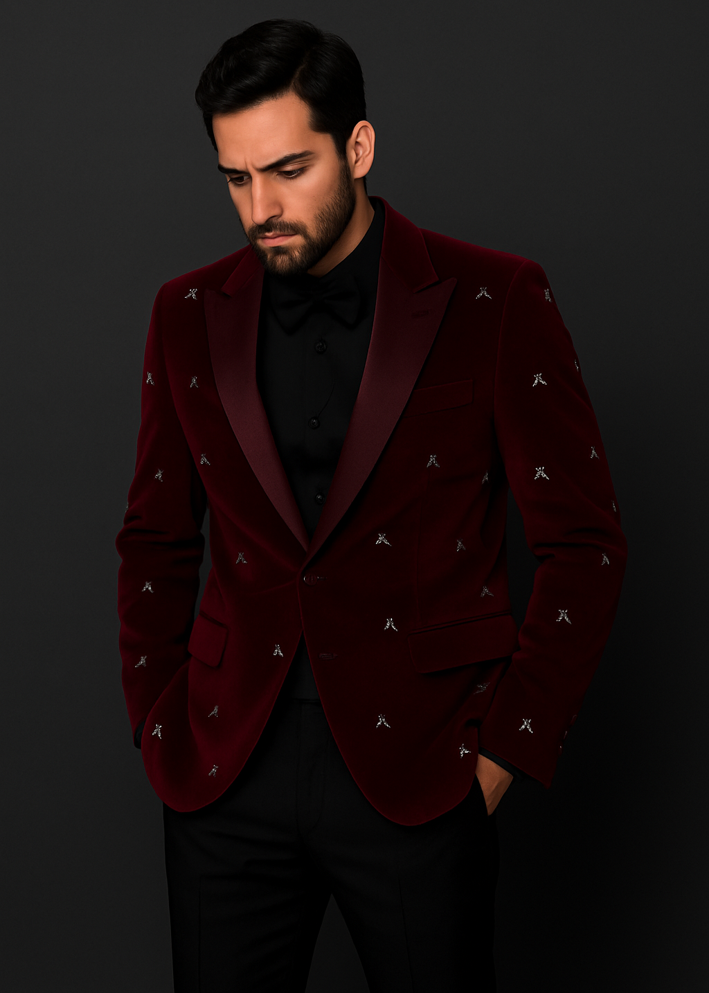 Man wearing a burgundy blazer with white patterns on a black background