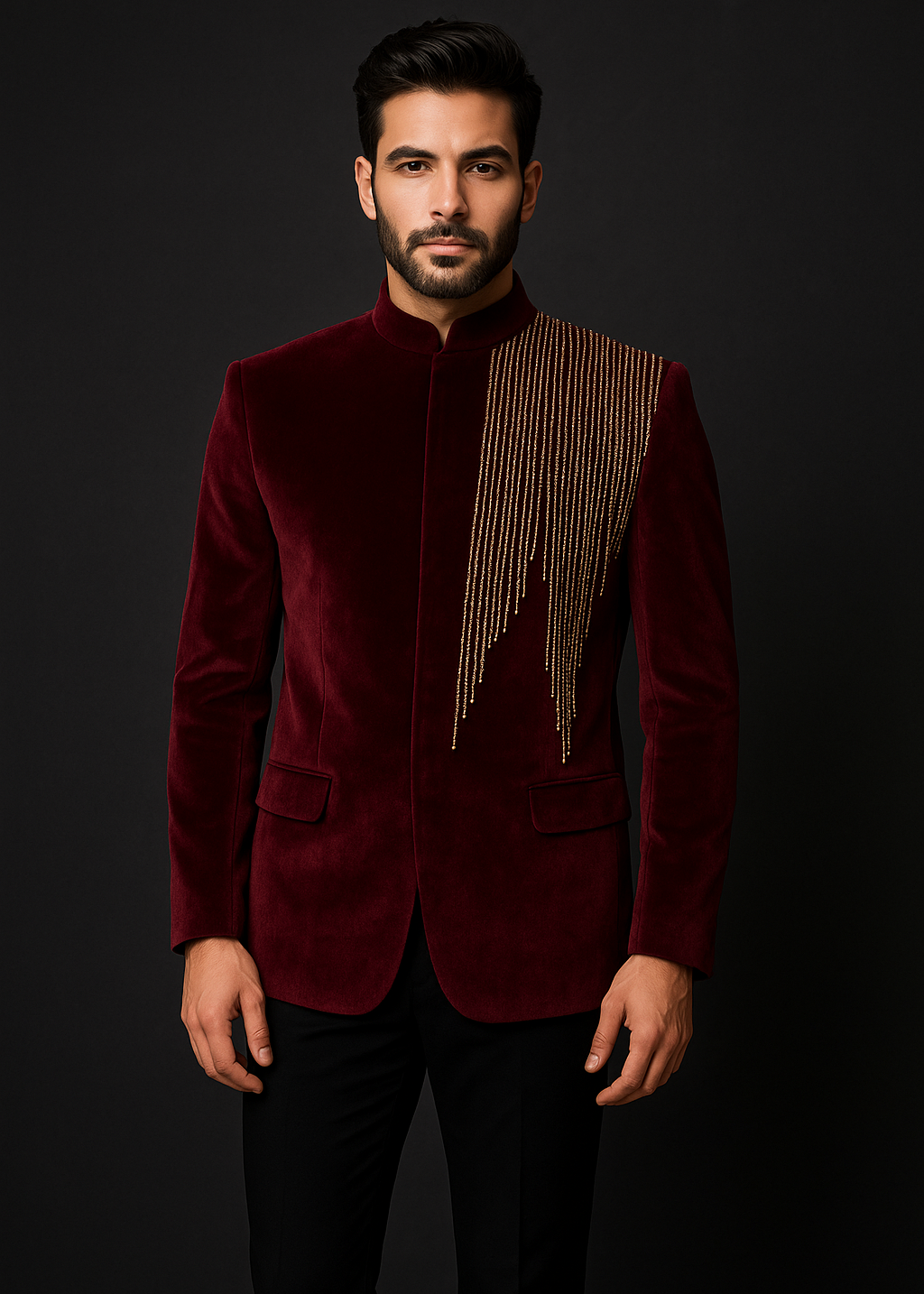 Burgundy Velvet Bandhgala in Gold Embroidery