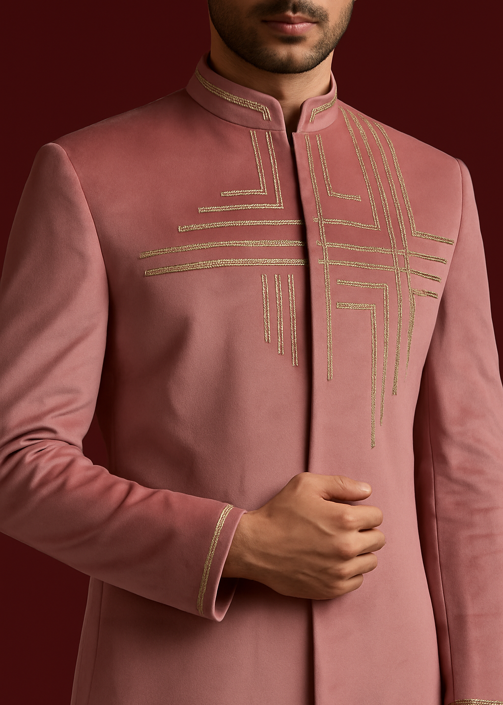 Pink Velvet Bandhgala with Geometric Embroidery in Gold