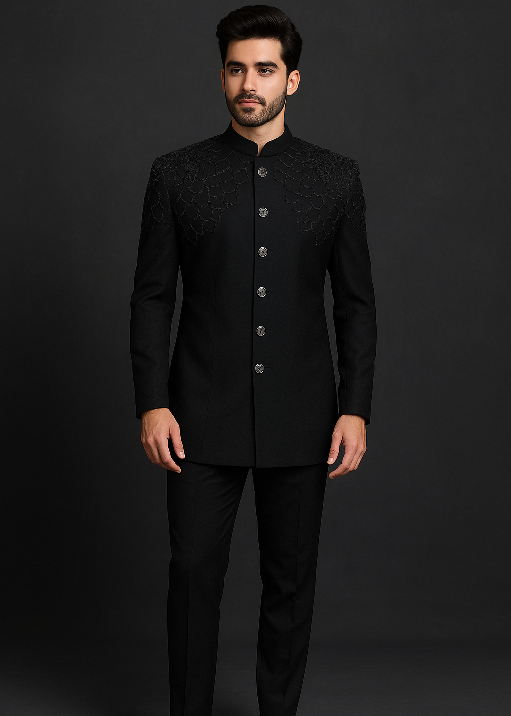 Black Bandhgala Embroidered Suit