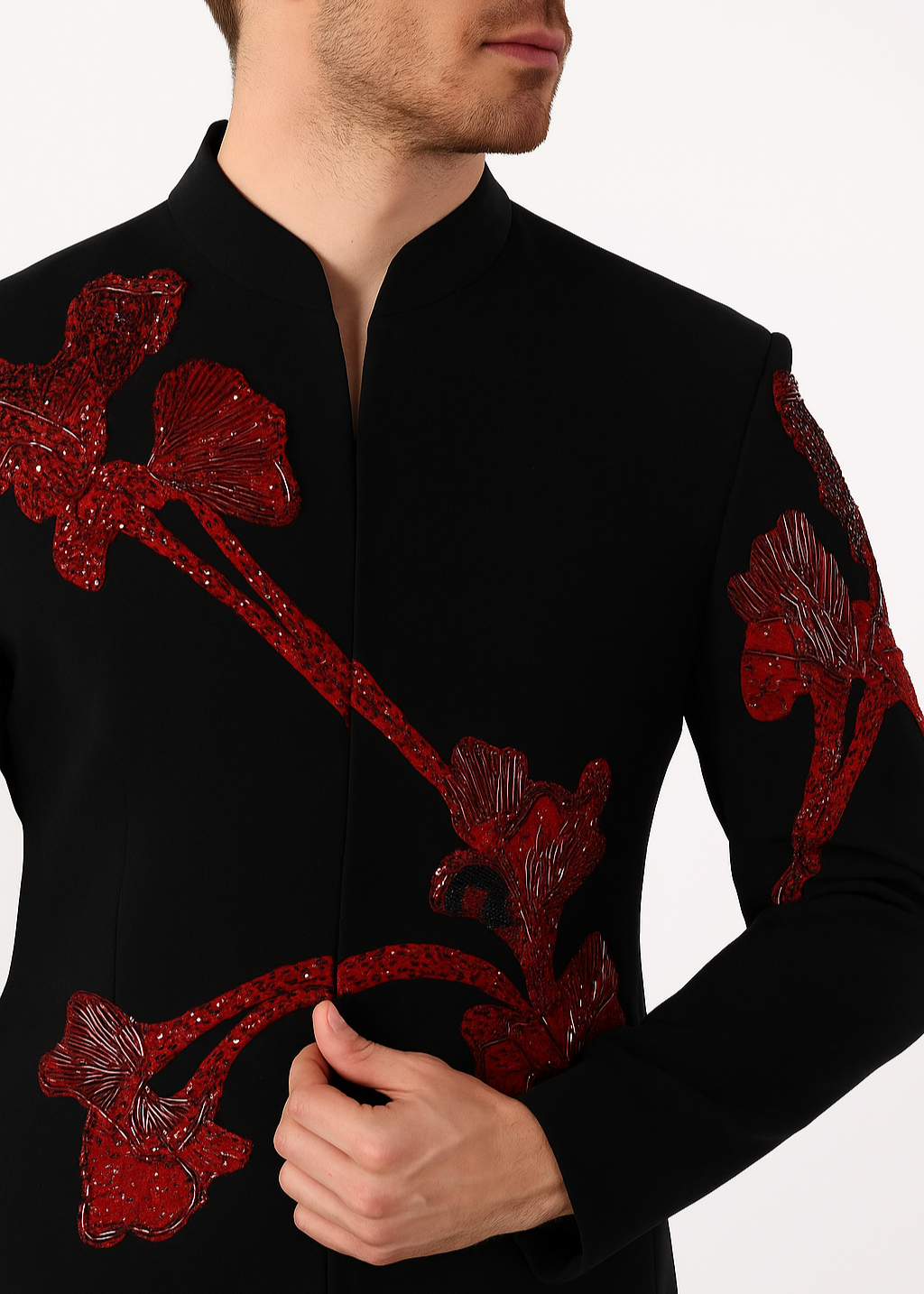 Black and Red Embroidered Bandhgala