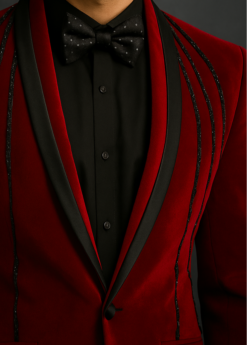 Red Velvet Tuxedo With Cutdana Embroidery