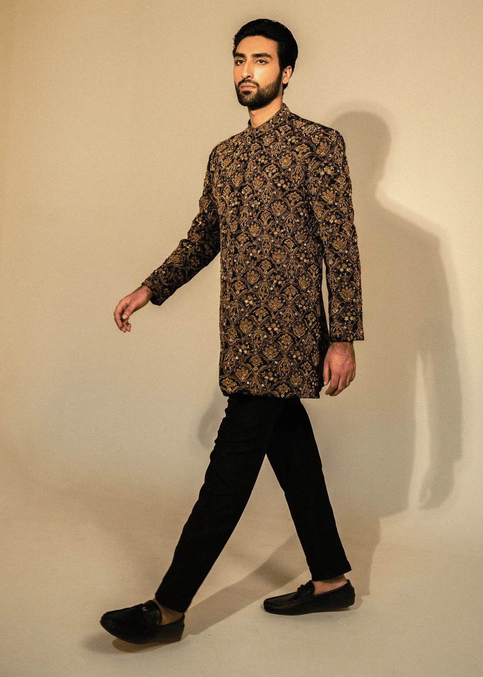 Black Hand Embroidered Mid Length Indo Western Sherwani